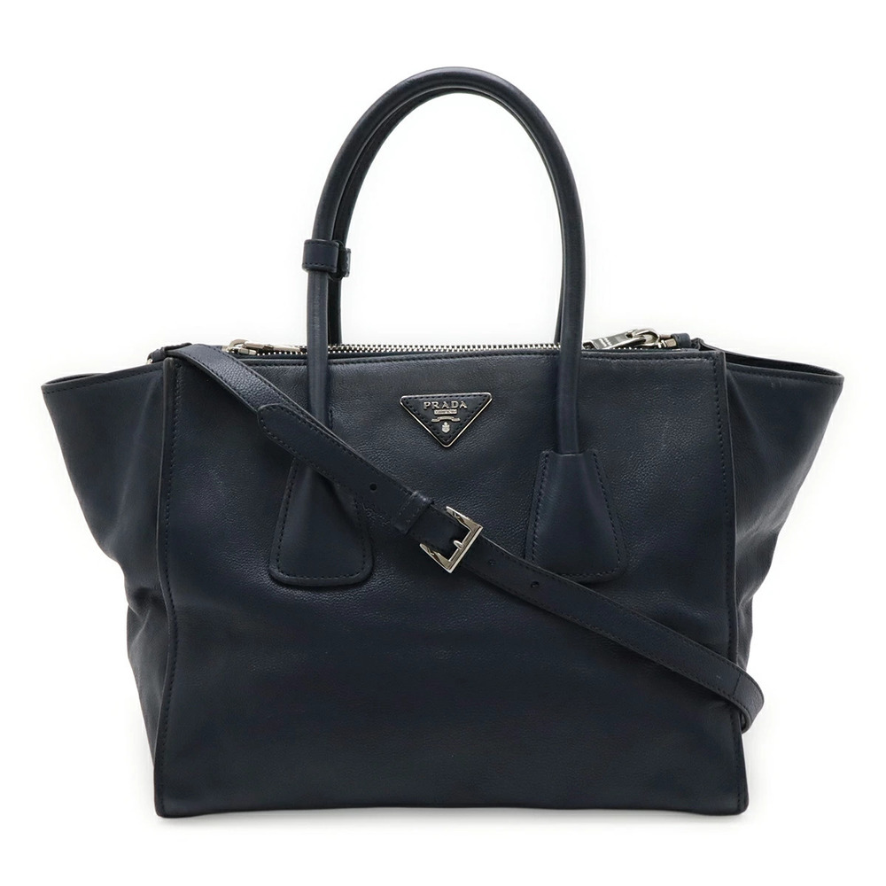 Prada Triangle Handbag Tote Bag Shoulder Leather Dark Navy Blue